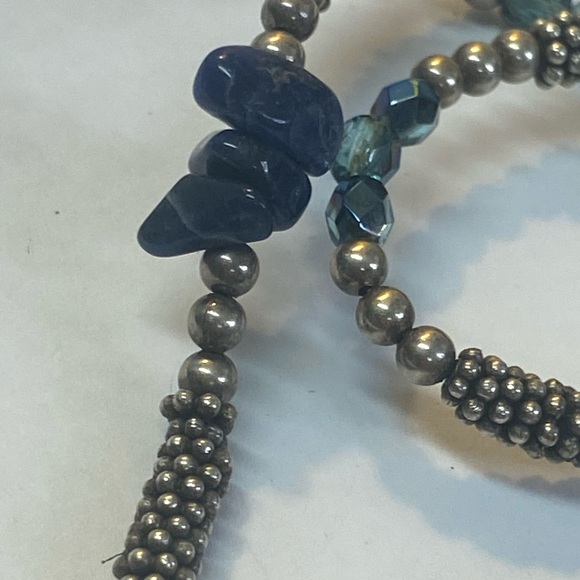 Blue and Silver Artisian Swirl Pendant Necklace with opals inlaid in glass - Picture 7 of 8